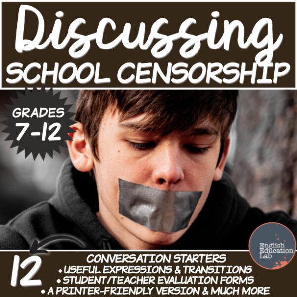 A boy with tape covering his mouth and the words 'Discussing School Censorship' above.