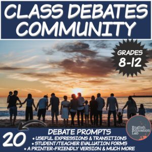 A group of people together with the words class debates on community above.