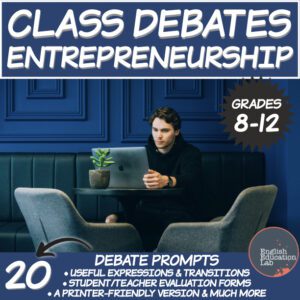 Man on computer with the words 'class debates on entrepreneurship' written over it.