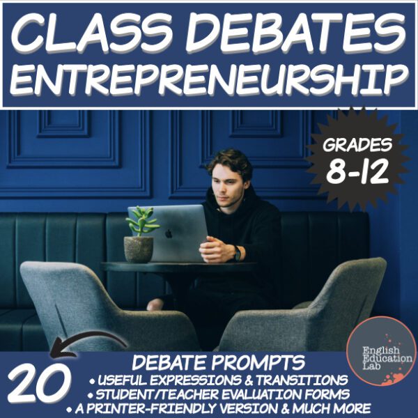 Man on computer with the words 'class debates on entrepreneurship' written over it.