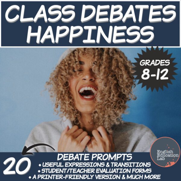 A woman smiling while thinking of class debates on happiness