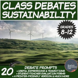 A landscape scene with the words "class debates on sustainability".