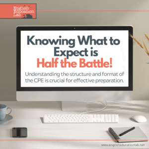 A computer with a note screen reminding ESL learners that understanding the structure and format of the CPE is crucial for effective preparation.