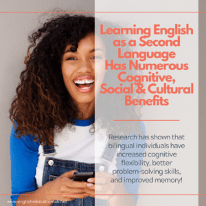 A young woman realizing that learning English has cognitive, social and cultural benefits.