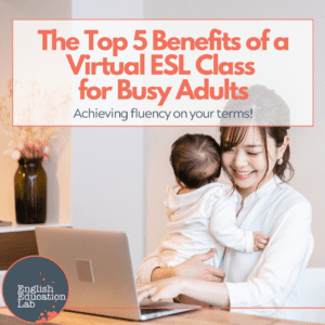 A busy mom participating in a virtual ESL class.