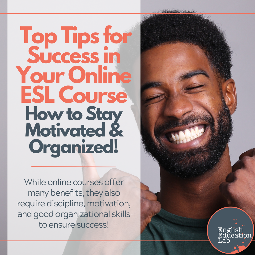 An ESL student following tips on how to stay motivated and organized during their online ESL course.