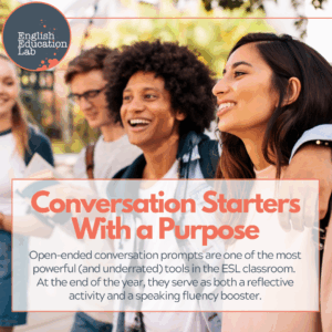 A group of ESL students using conversation starters for an end-of-school-year activity.