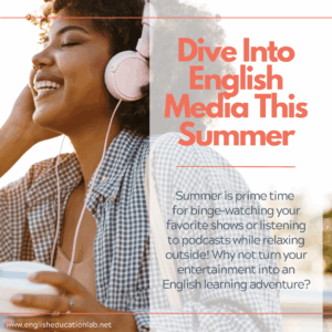 An ESL student listening to a podcast on headphones.