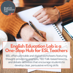 An ESL teacher using writing resources from English Education Lab.