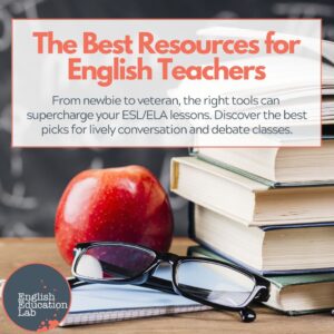A teacher's desk with a number of ESL/ELA resources on it.