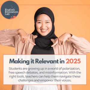 An ESL student happy to take part in a conversation starter in the classroom.