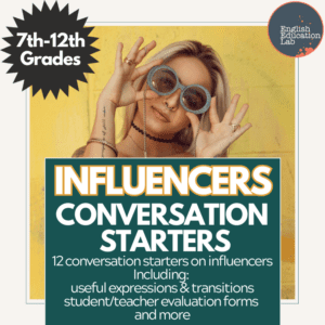 Middle and high school students using English Education Lab's conversation starters on influencers.