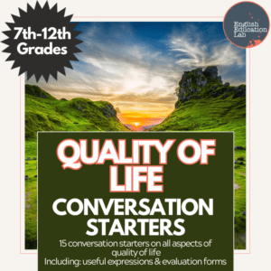 Middle and high school students using English Education Lab's conversation starters on the topic of quality of life.