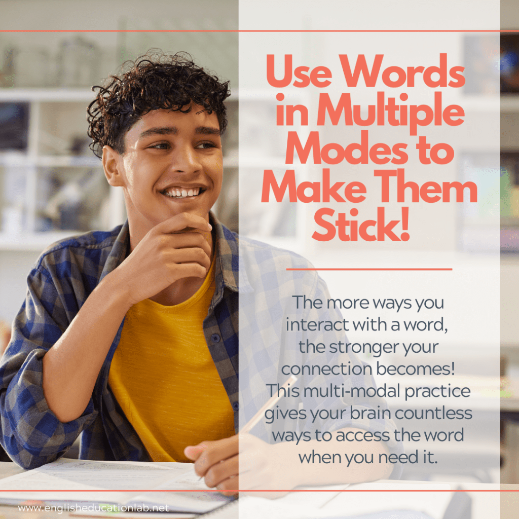 An ESL student using new vocab words in multiple modes to make them stick.
