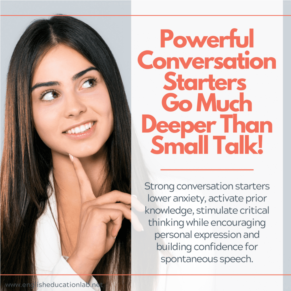 An ESL teacher using conversation starters to activate prior knowledge, stimulate critical thinking and build confidence in speaking.