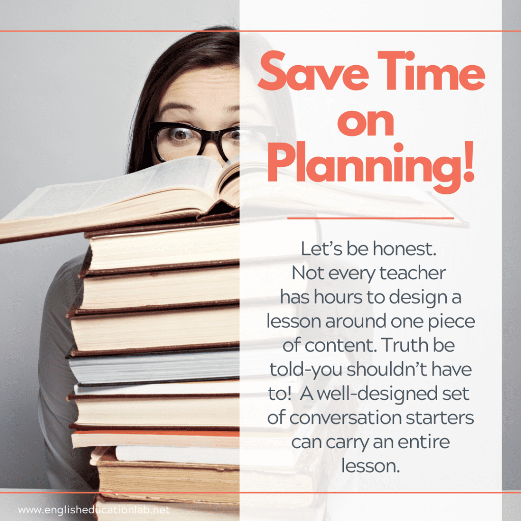 An ESL teacher saving time by using ready-made conversation starter packages.