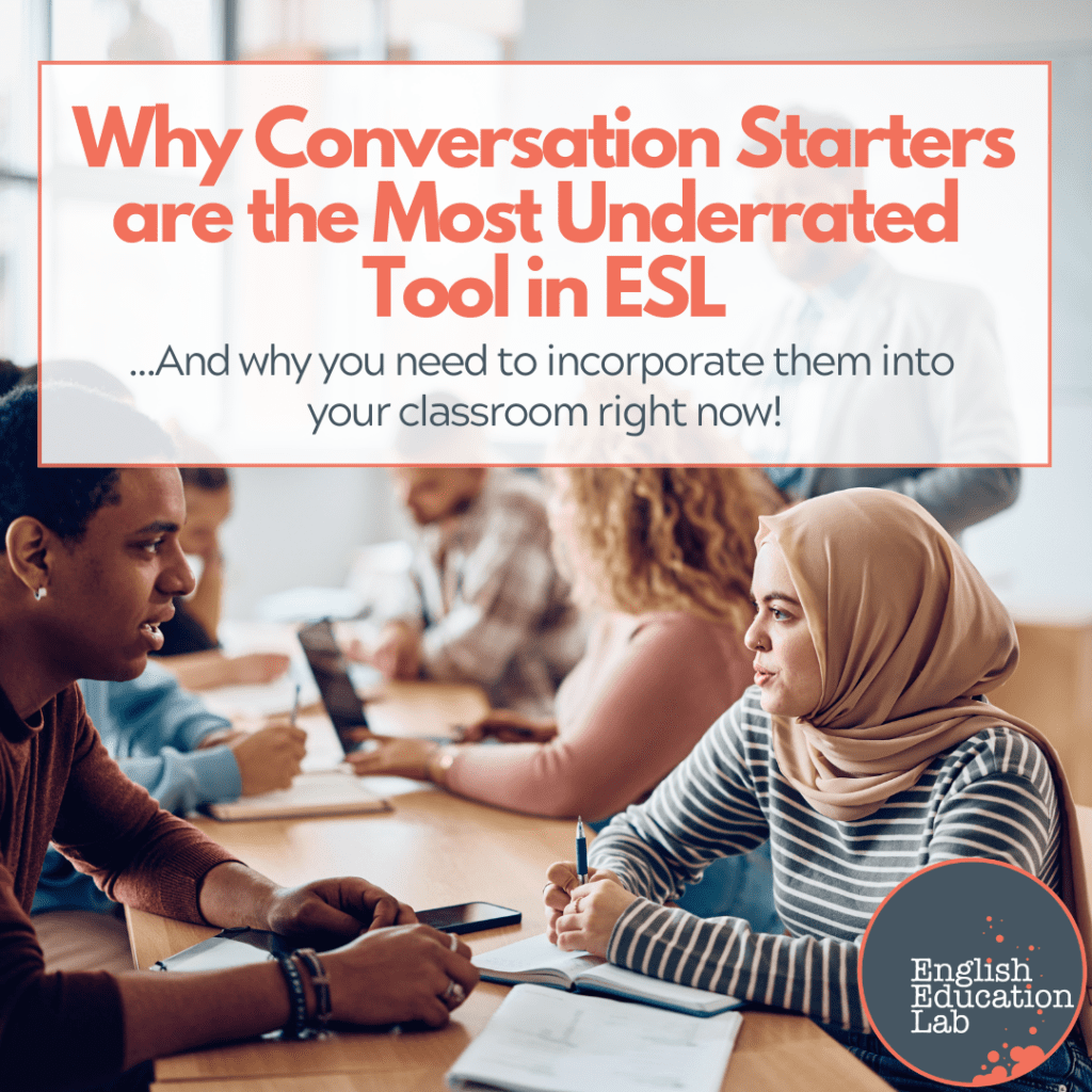 An ESL teacher using conversation starters in her classroom.